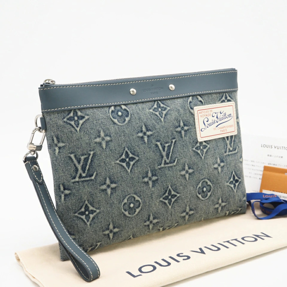 Louis Vuitton Monogram Denim Pochette Go Clutch Bag Blue Leather